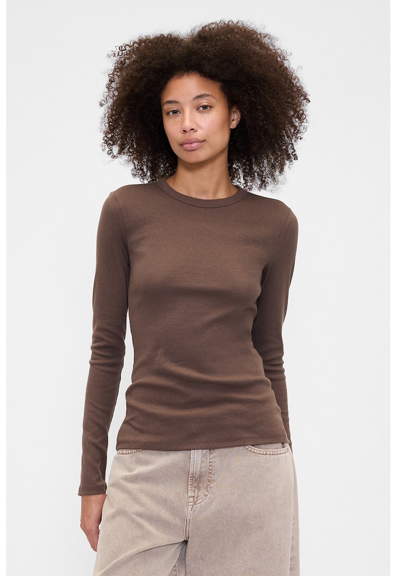 Bluza striata cu decolteu la baza gatului - Maro