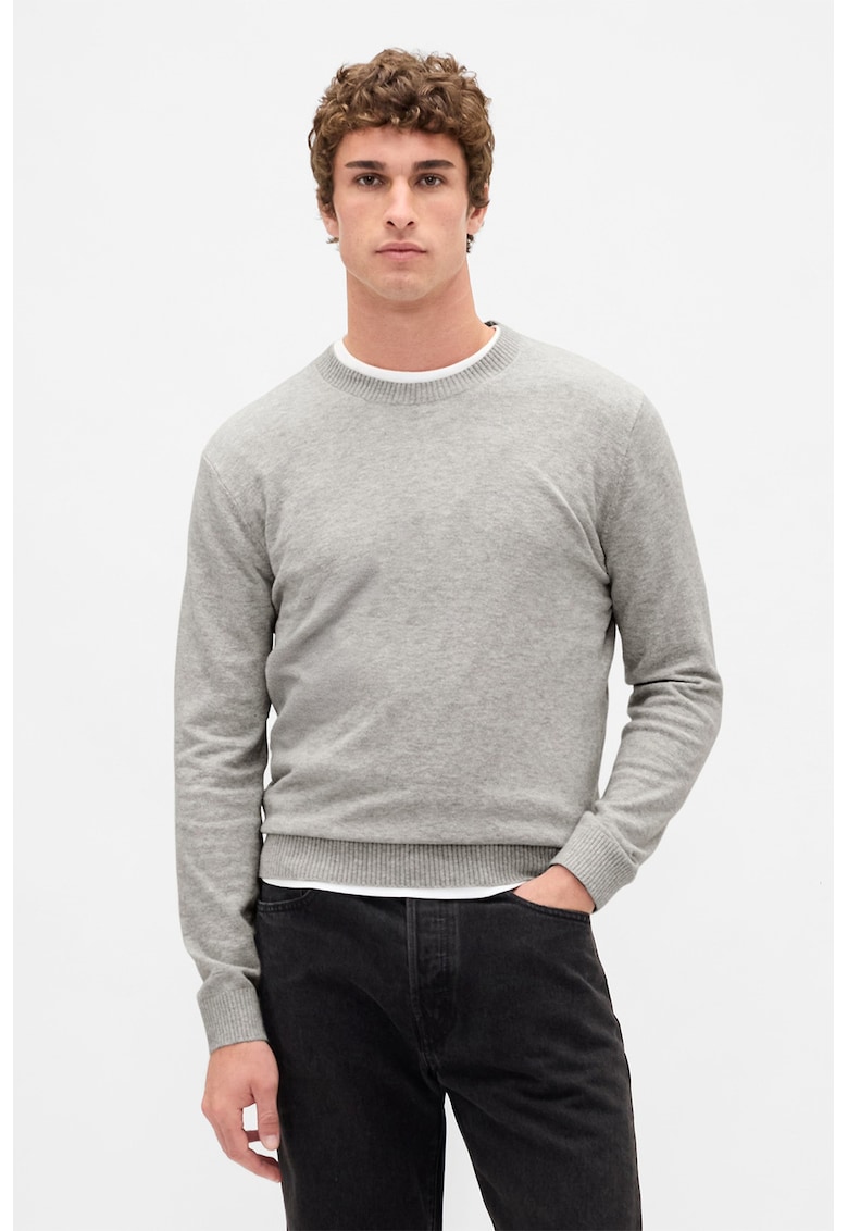 Pulover slim fit cu decolteu la baza gatului CashSoft - Gri melange