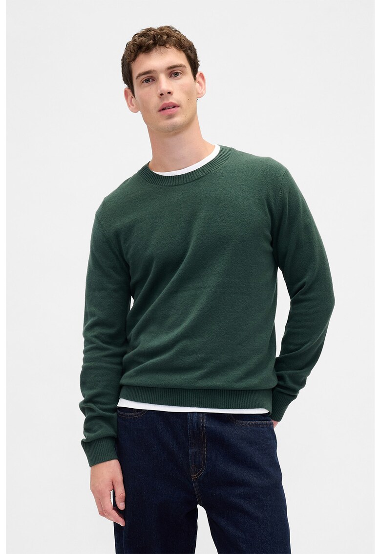 Pulover slim fit cu decolteu la baza gatului CashSoft - Verde inchis