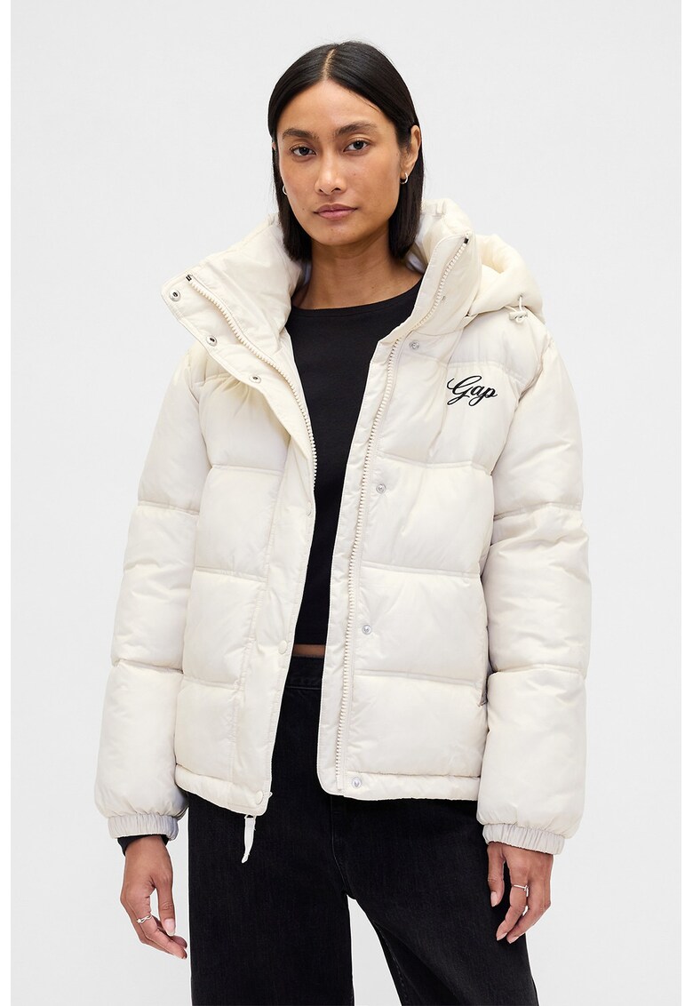 Jacheta cu fermoar si gluga - Alb fildes