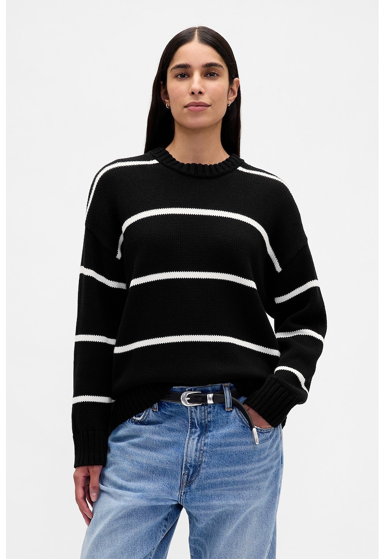 Pulover de bumbac cu maneci cazute - Negru/Alb optic