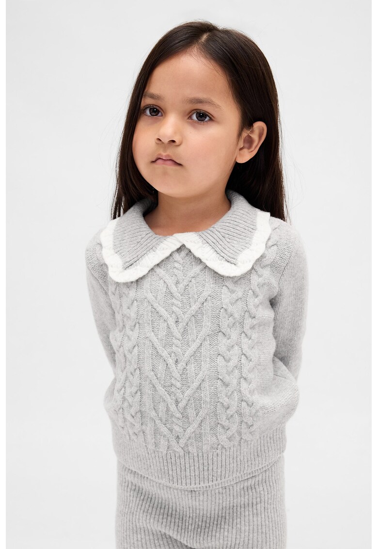 Pulover cu torsade si guler - Alb/Gri deschis