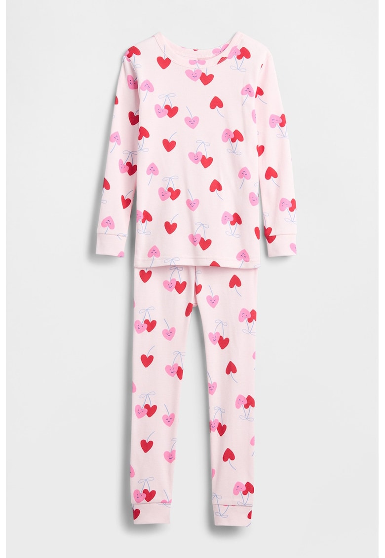 Pijama de bumbac organic cu inimi - Rosu vermillion/Roz pal