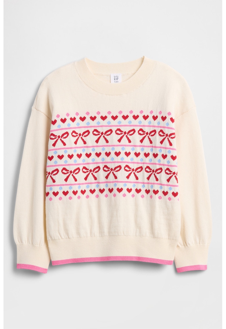 Pulover cu decolteu rotund si model - Rosu/Roz/Crem