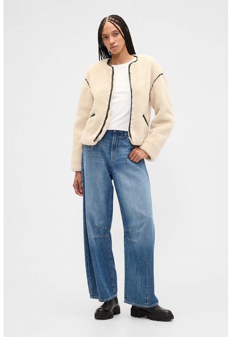 Jacheta din material teddy cu fermoar - Negru/Bej