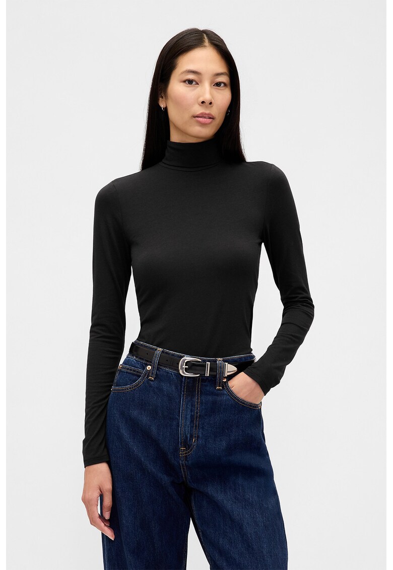 Bluza slim fit din amestec de modal cu guler inalt - Negru