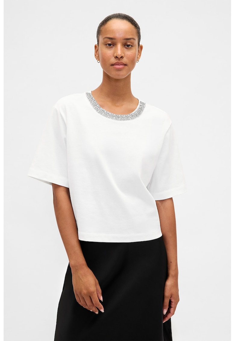 Tricou crop cu decolteu-bijuterie - Alb/Argintiu