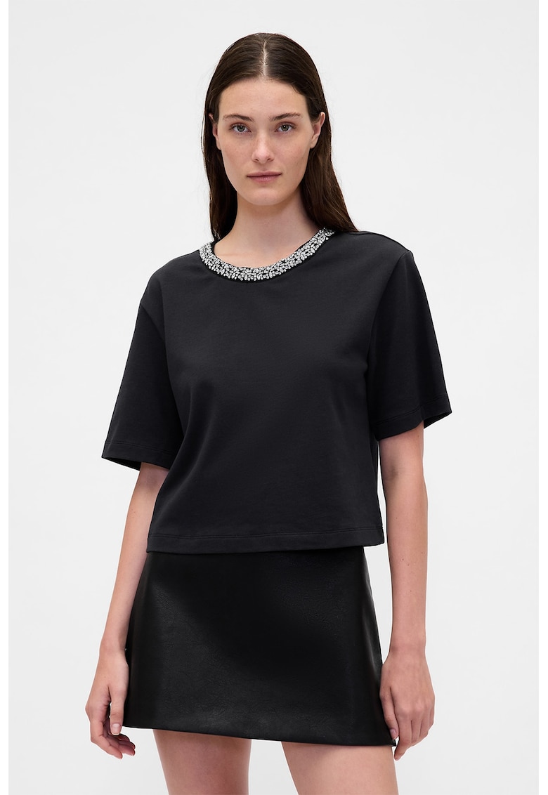 Tricou crop cu decolteu-bijuterie - Negru