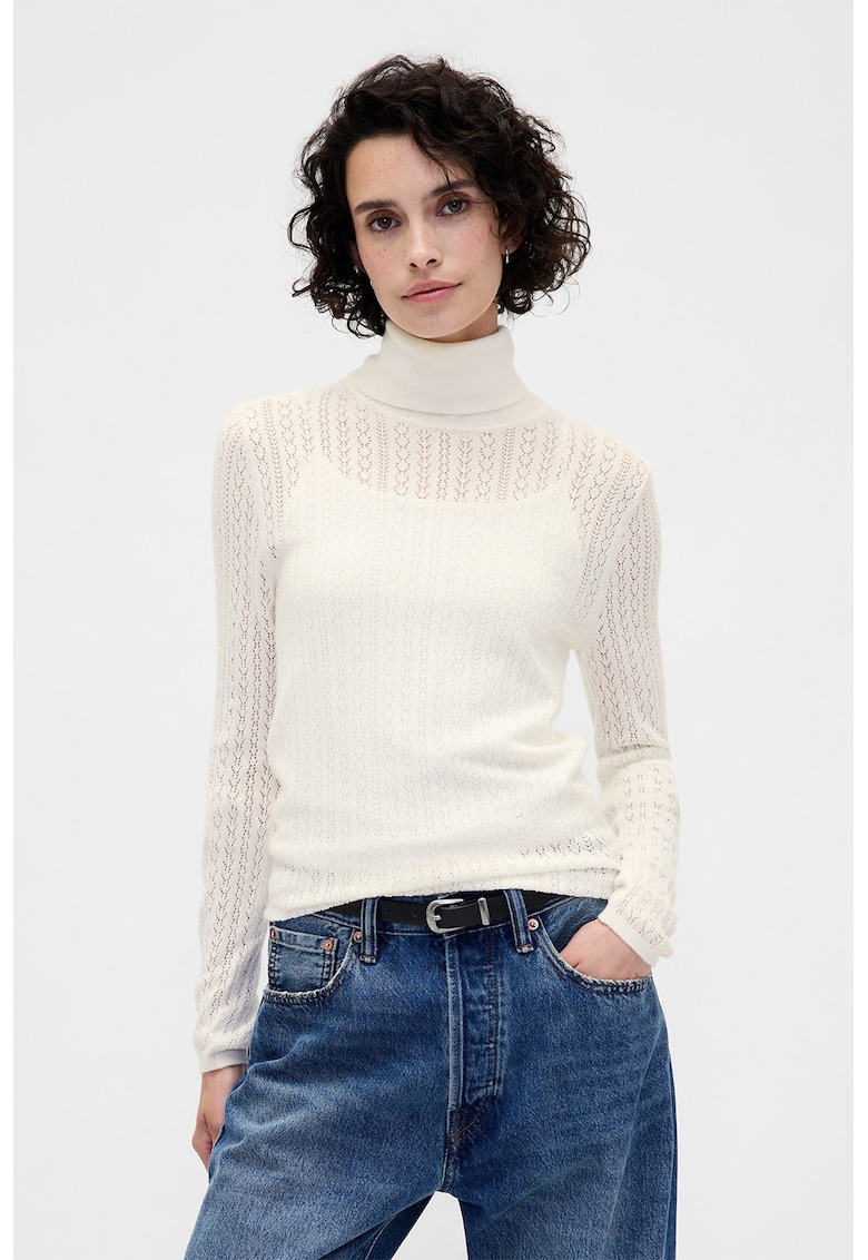 Pulover din amestec de lana cu guler inalt - Alb fildes