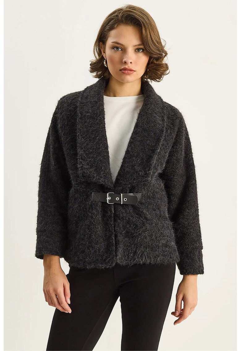 Palton dama - HiCCUP - cu detaliu curea - negru - fleece