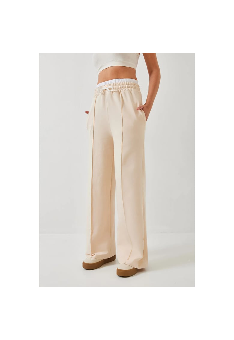 Pantaloni sport dama model cu picior larg - detaliu curea - bej natural - textil