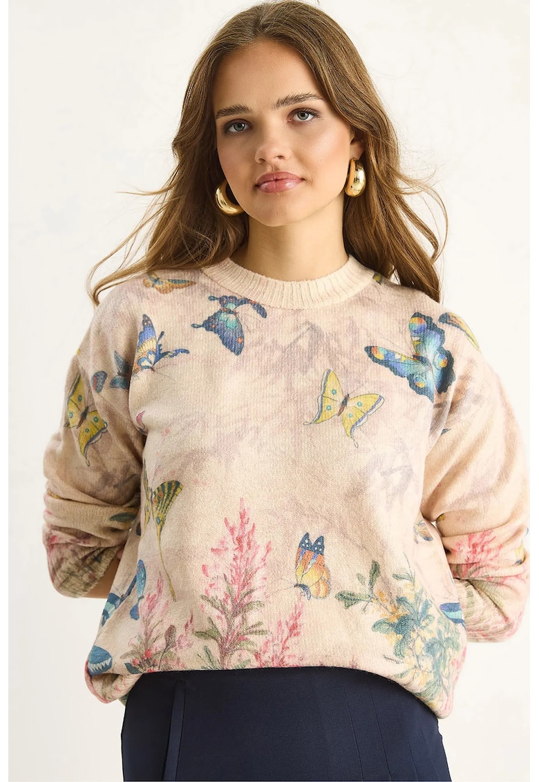 Pulovere - Femei - Pulover tricotat Bianco Lucci cu model si guler rotund - Multicolor -