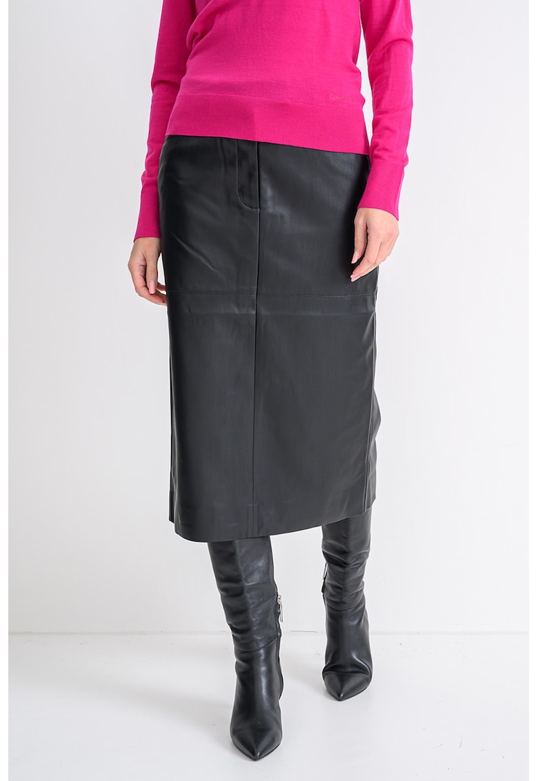 Fusta midi din piele ecologica cu buzunare