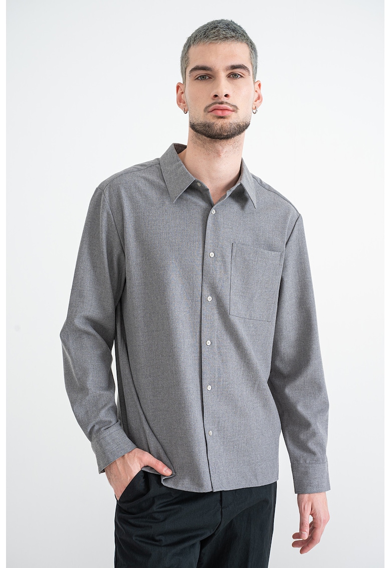 Camasa din amestec de matase si lana cu buzunar pe piept - Gri deschis
