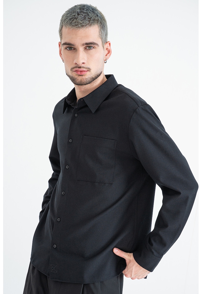 Camasa din amestec de matase si lana cu buzunar pe piept - Negru