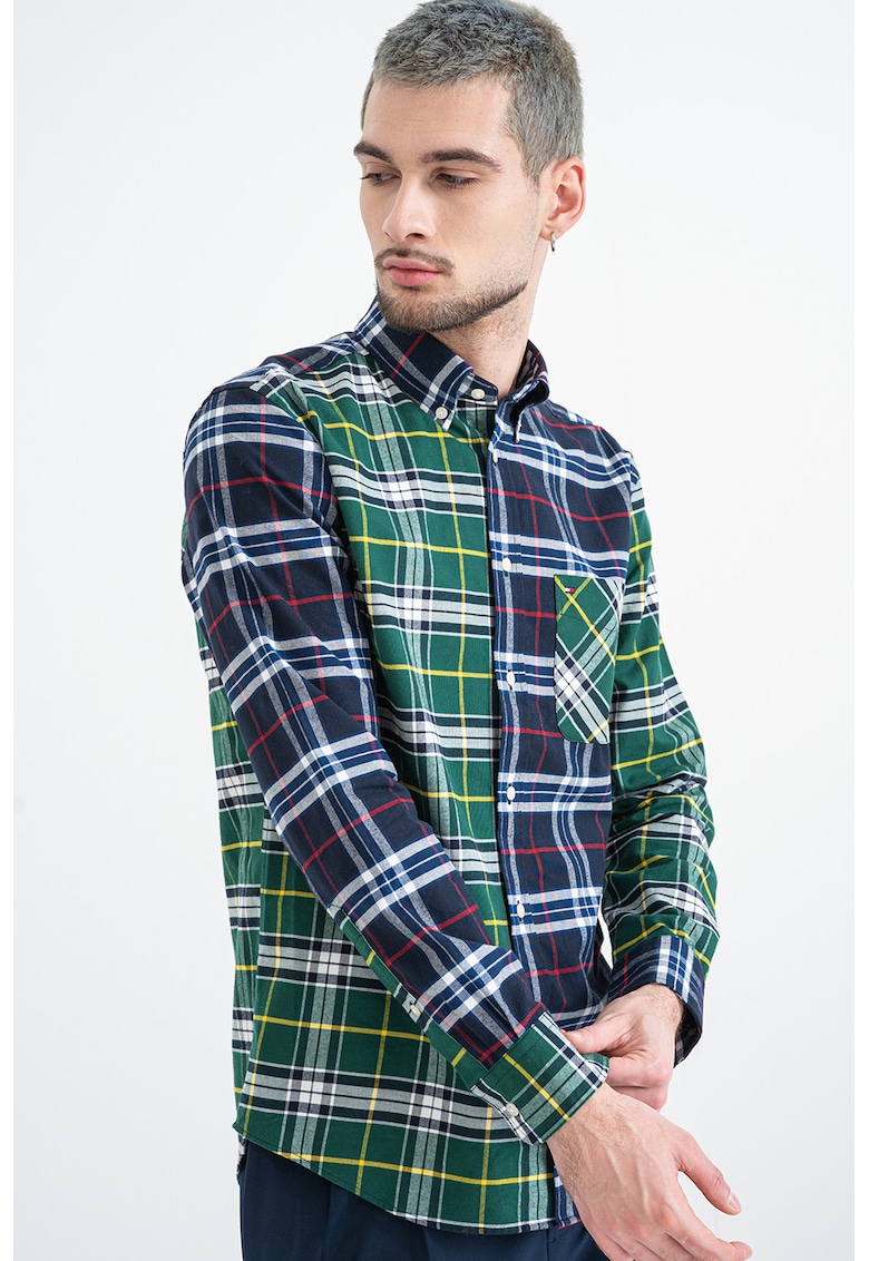 Camasa din bumbac cu model in carouri - Alb/Galben/Verde inchis