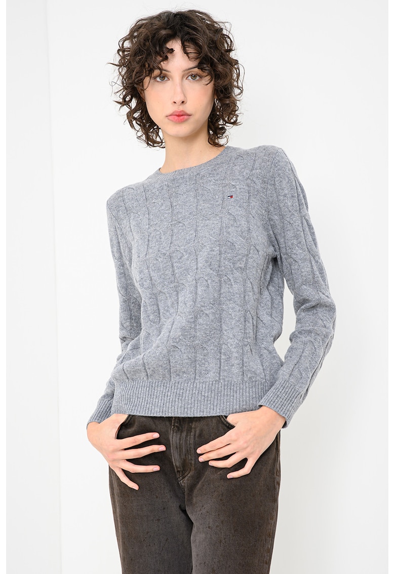 Pulover din lana cu guler rotund si model torsade