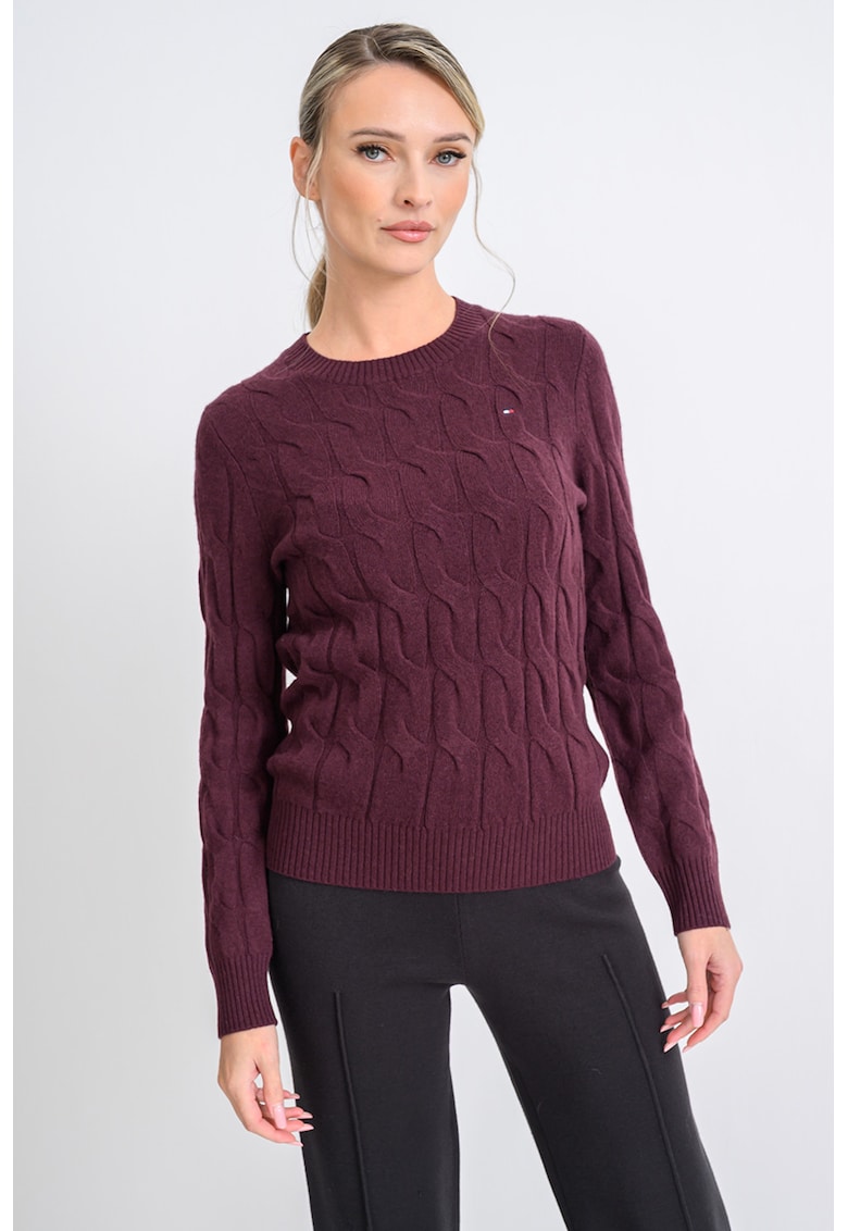 Pulover din lana cu guler rotund si model torsade