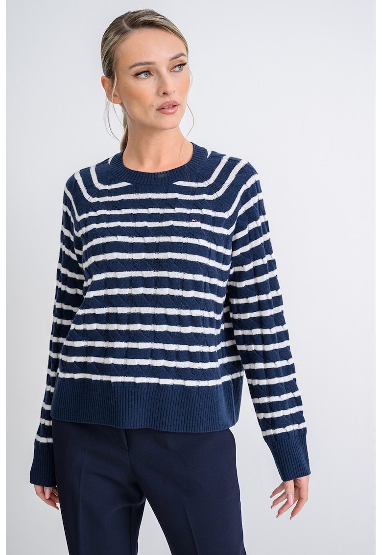 Pulover din lana cu design torsade - Alb/Bleumarin