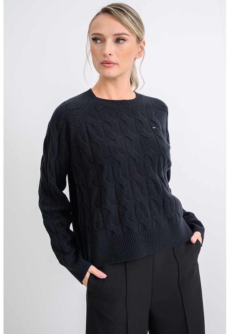 Pulover din lana cu design torsade - Negru