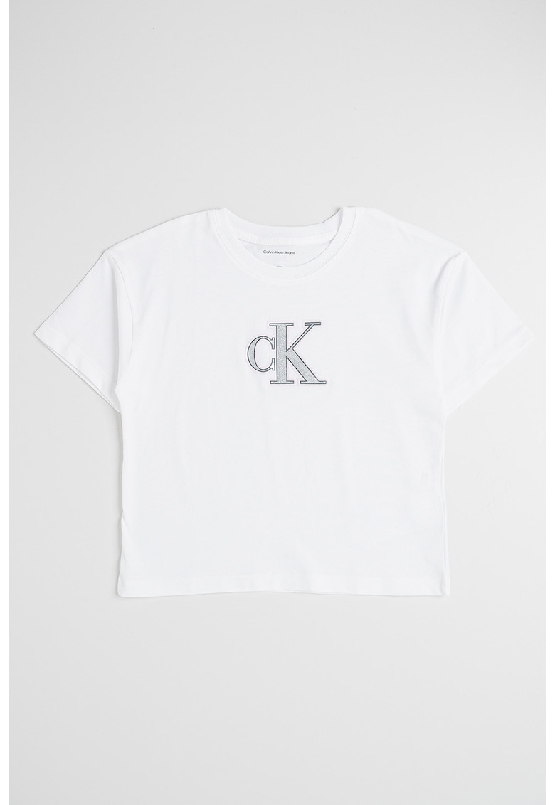 Tricou cu decolteu la baza gatului si imprimeu logo - Alb