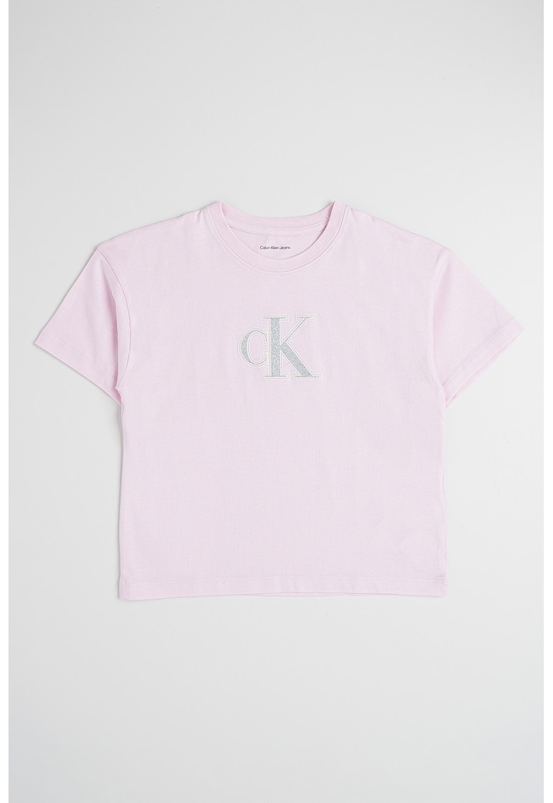 Tricou cu decolteu la baza gatului si imprimeu logo - Roz deschis