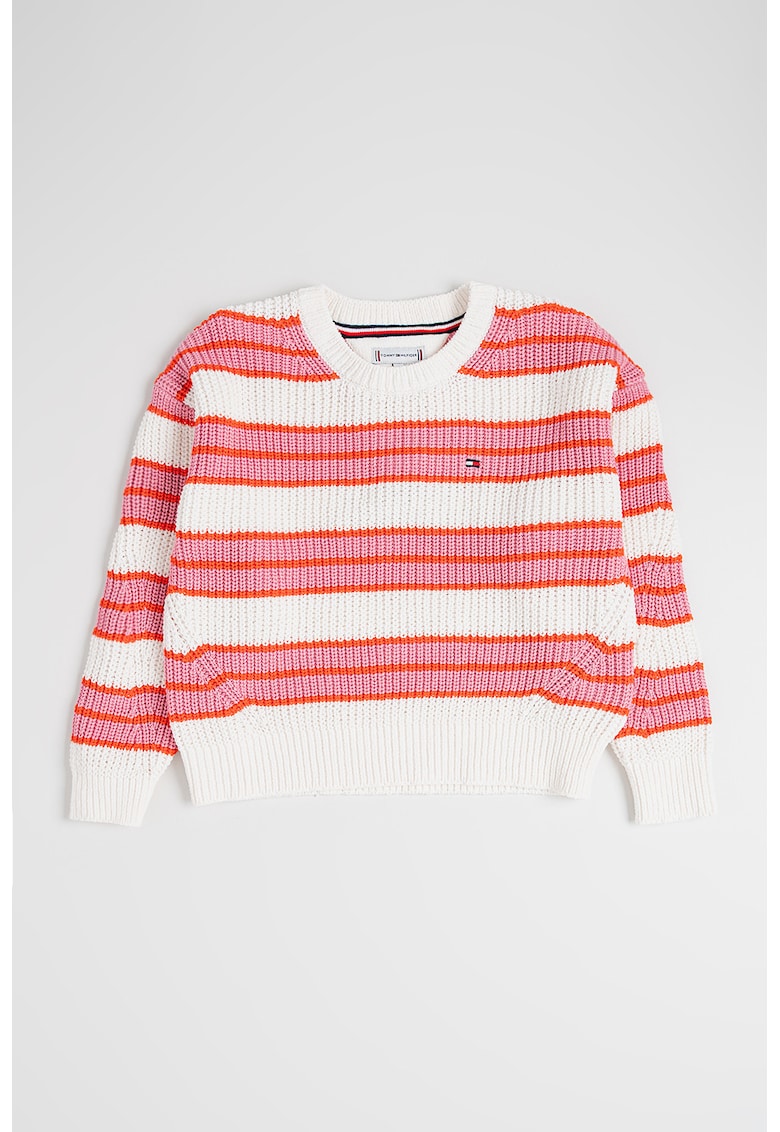 Pulover tricotat cu model in dungi - Alb/Portocaliu/Roz