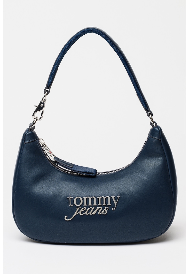 Geanta din piele ecologica cu bareta de umar si logo metalic - Bleumarin