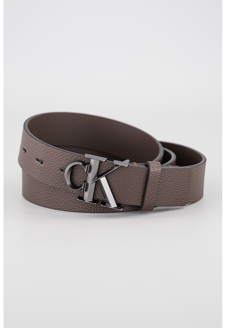 Curea din piele cu logo metalic - Maro inchis