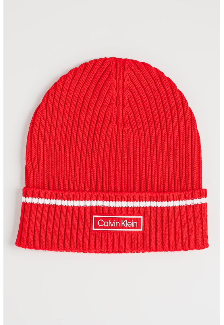 Caciula striata din amestec de bumbac organic cu aplicatie logo