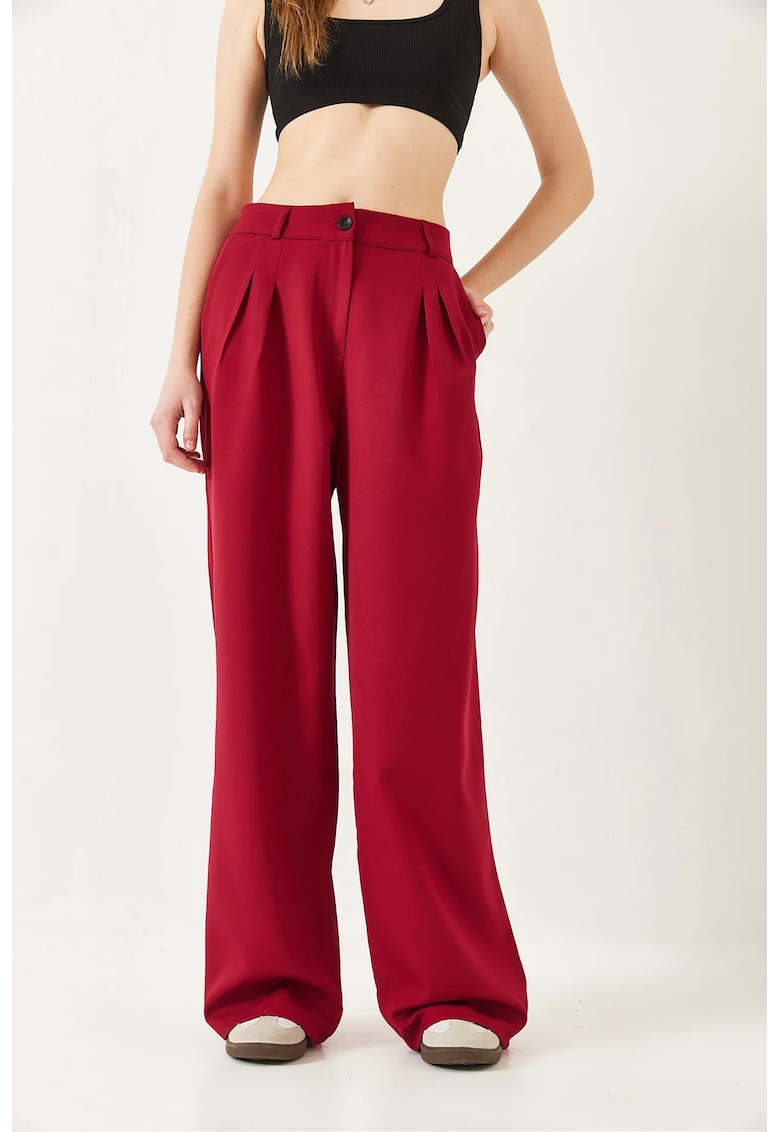Pantaloni dama - plisati - largi - textil - rosu