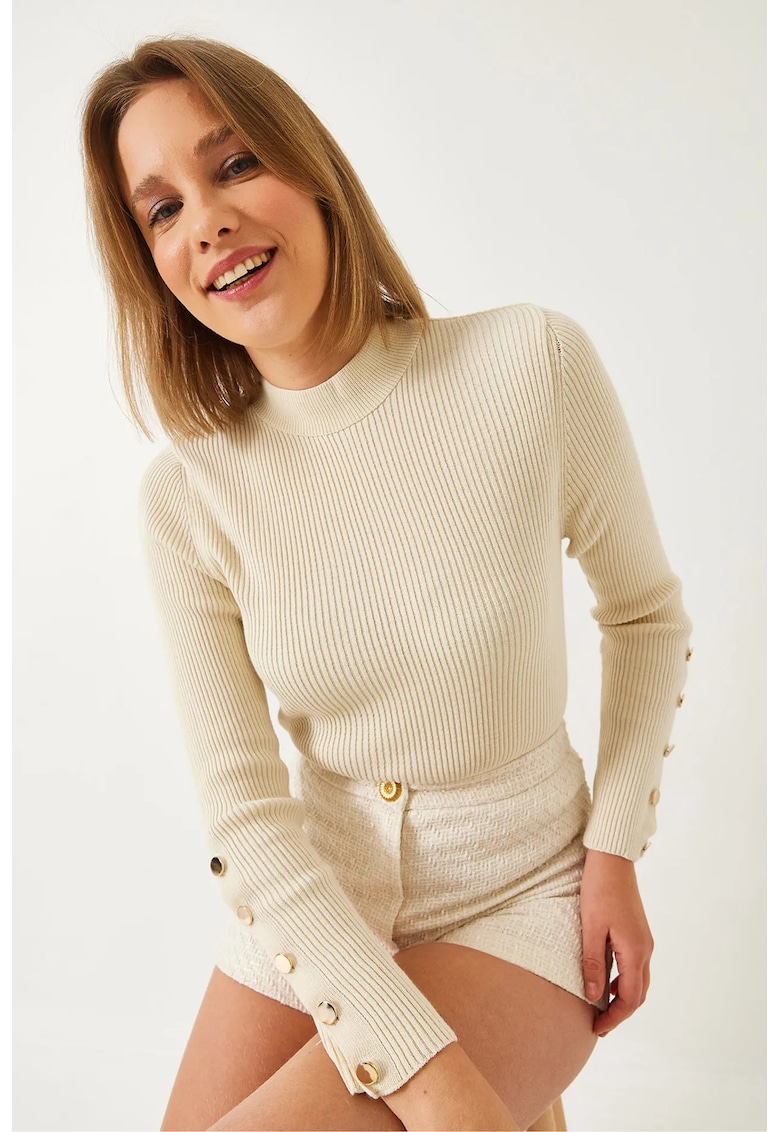Pulover dama HiCCUP - guler rulat - tricot texturat - crem -