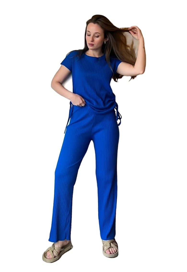 Compleu dama set din doua piese - bluza si pantaloni - bumbac - albastru marocan - jerseu