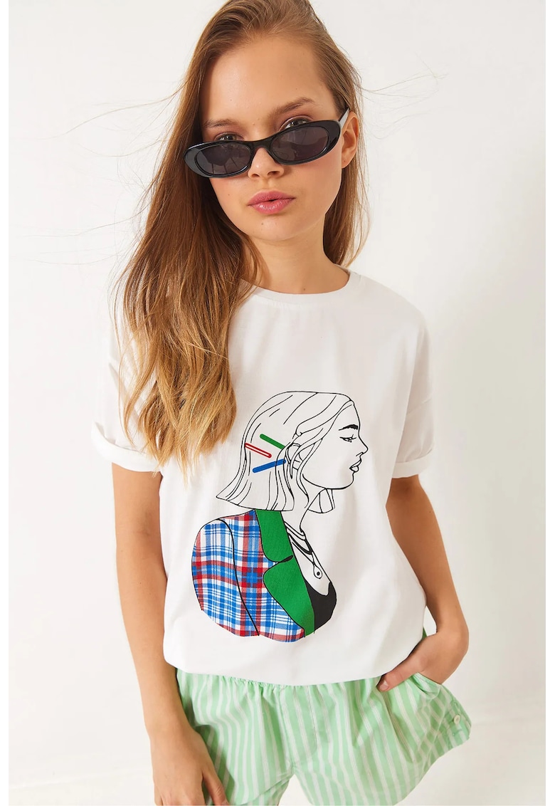 Tricou dama - HiCCUP - Relaxed Fit - imprimeu - alb - jerseu
