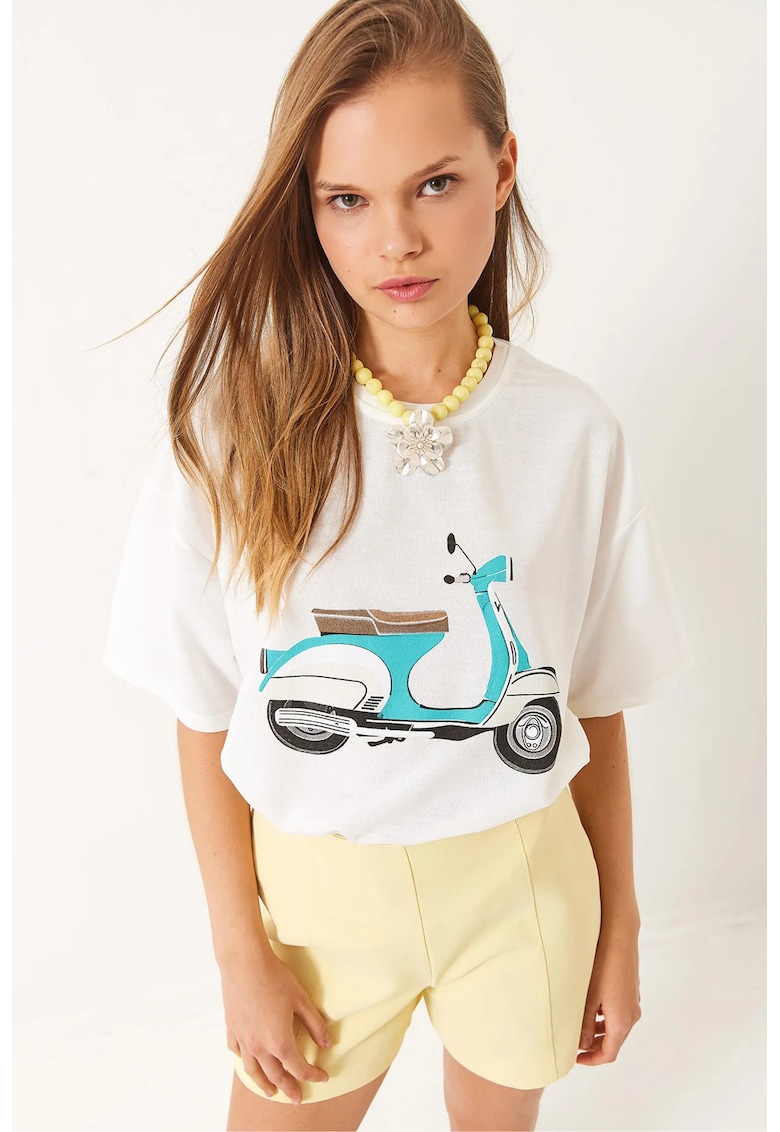 Tricou dama HiCCUP - guler rotund - imprimeu - alb -jerseu