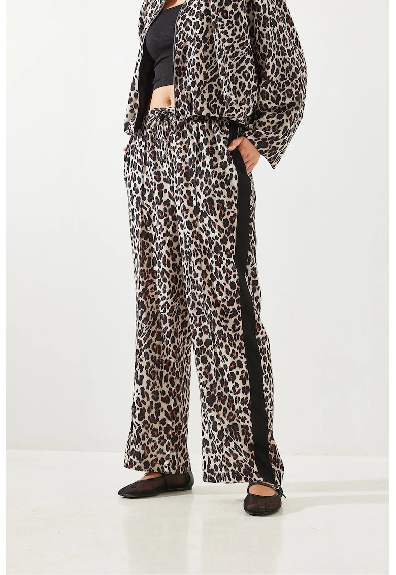 Pantaloni dama - HiCCUP - cu talie inalta - imprimeu leopard - croiala larga - poliester/bumbac - multicolor