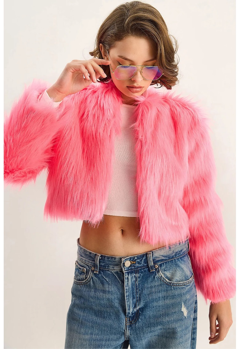 Palton scurt - HiCCUP - blana artificiala - roz aprins - fleece