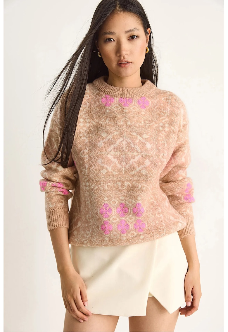 Pulovere - Femei - Pulover cu guler rotund si maneca lunga cu model etnic LUCCI - Bej Natural -