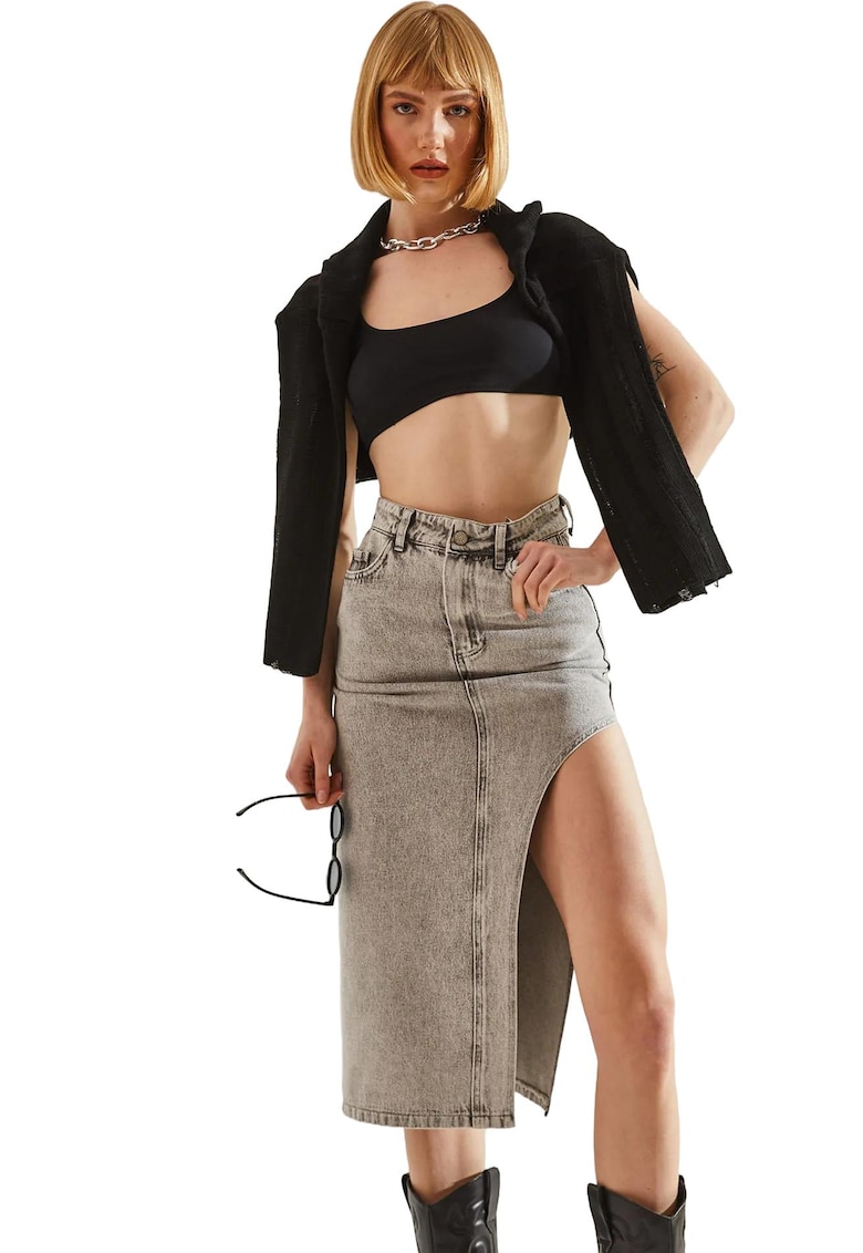 Fusta midi - HiCCUP - denim - gri - talie inalta - slit