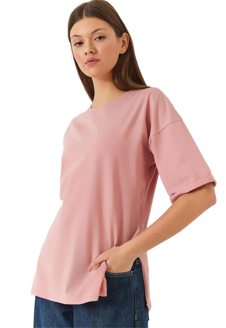 Tricouri - Femei - Tricou LUCCI cu croiala regulata si guler rotund elastic - Roz pudrat -