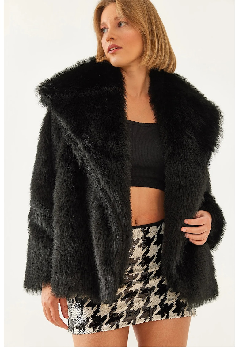 Palton dama supradimensionat - negru - blana artificiala