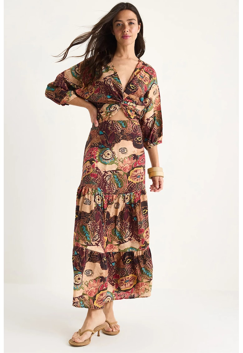 Rochie maxi HiCCUP cu imprimeu etnic și decolteu în V - Maro deschis