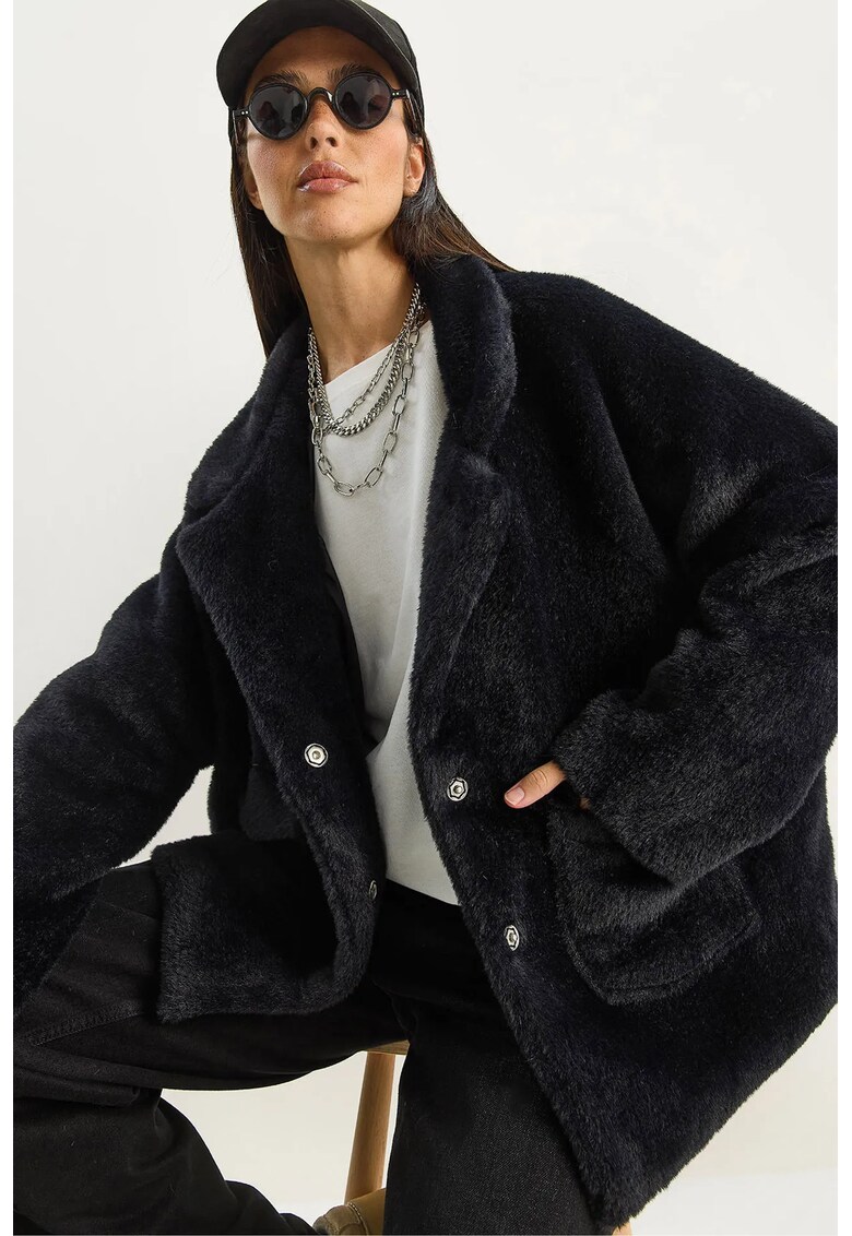 Palton dama - supradimensionat - negru - fleece -