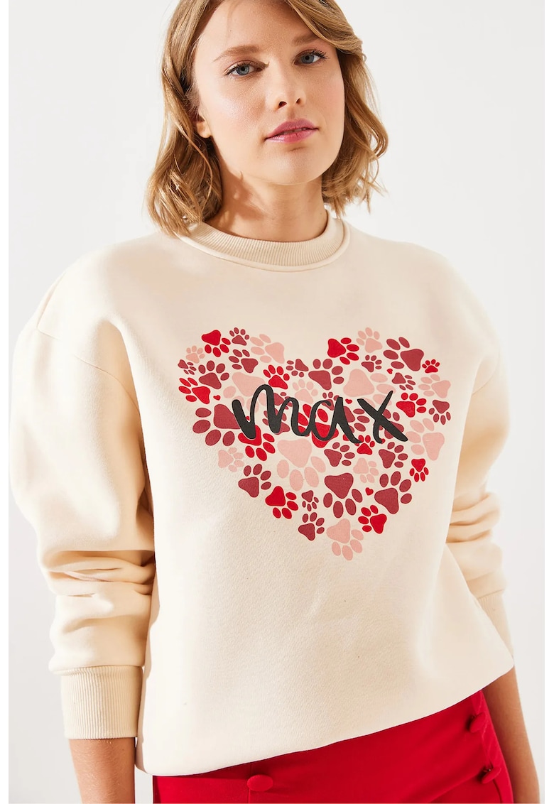 Bluza dama - HiCCUP - din bumbac imprimat - guler rotund - bej natural