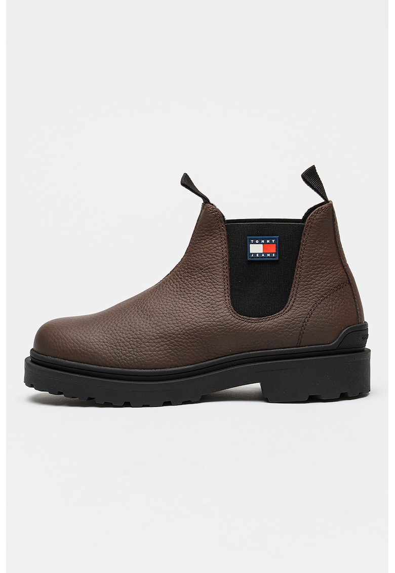 Ghete Chelsea din piele cu logo - Maro inchis