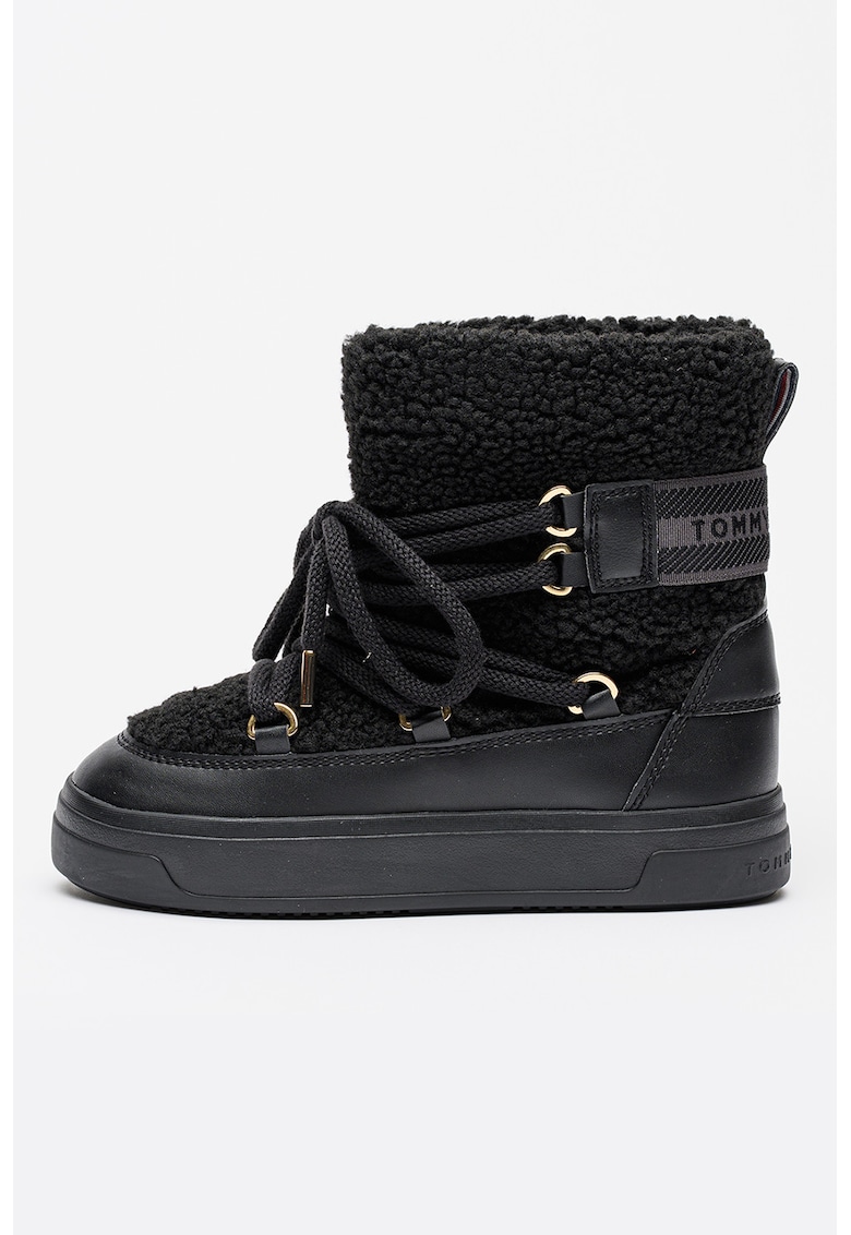 Ghete pull-on din blana shearling sintetica cu garnituri din piele ecologica