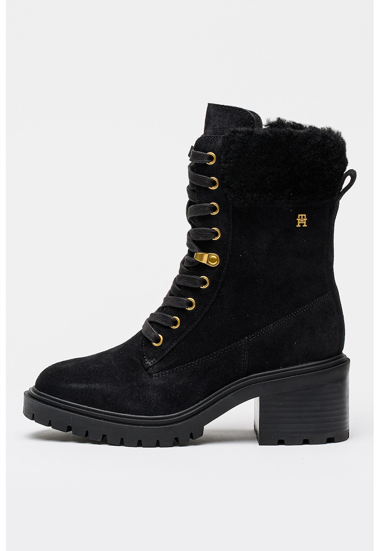 Ghete din piele intoarsa shearling cu toc masiv - Negru