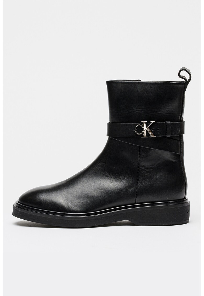 Botine din piele cu logo metalic - Negru