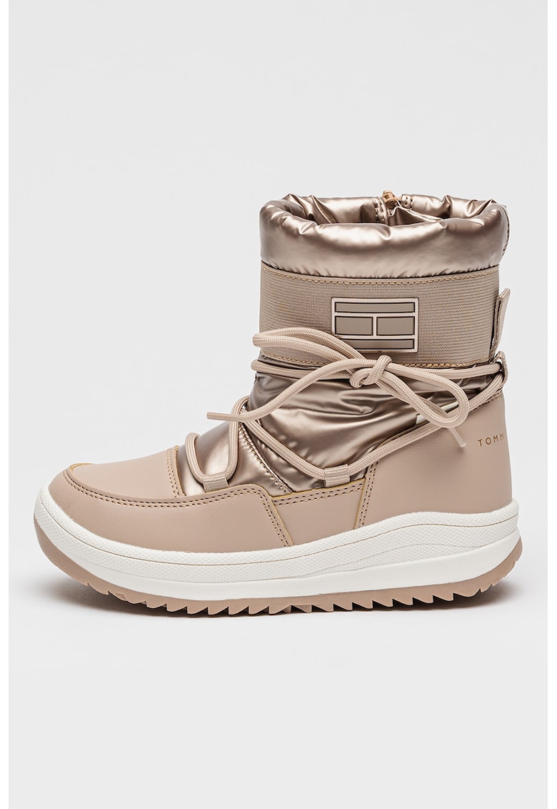 Ghete din piele ecologica cu garnituri din material textil si aspect metalic