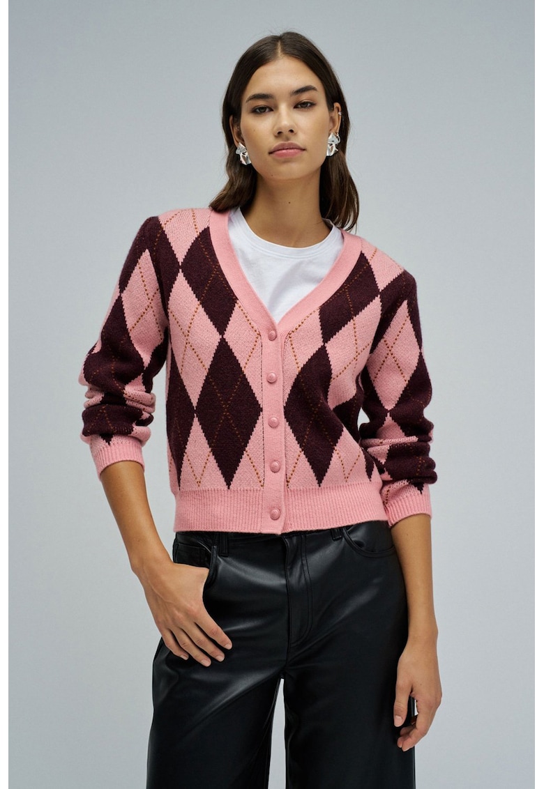 Cardigan din amestec de lana cu decolteu in V si model geometric